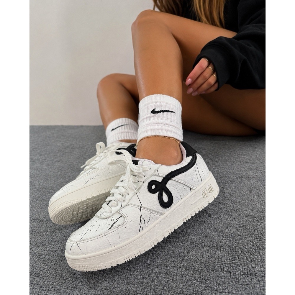John Geiger GF-01 White Black Crackle Leather Low Top Sneakers Shoes